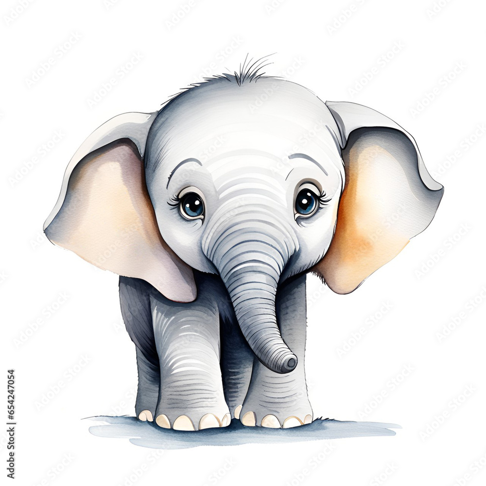 Watercolor painting of a cute little baby elephant.