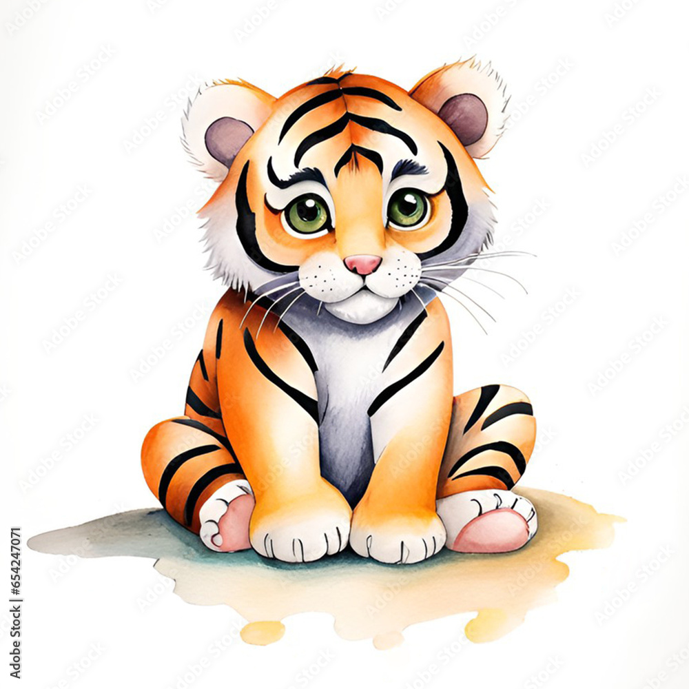 Watercolor painting of a cute little baby tiger.