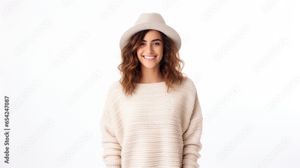 Smiling woman wearing a sweater and a hat standing isolated over a white background