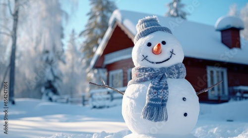 Smiling snowman in front of the house on a winter day © Fly Frames