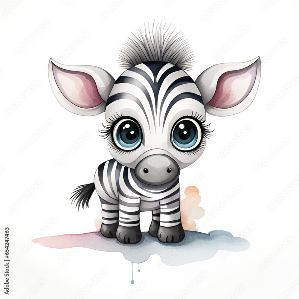 Watercolor painting of a cute little baby zebra.