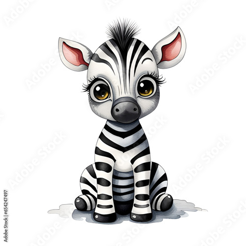 Watercolor painting of a cute little baby zebra.