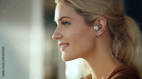 Woman placing hearing aid on her ear photo