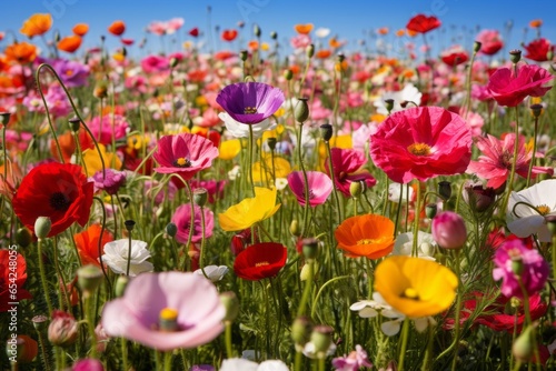 A field of blooming wildflowers in various colors  creating a lively and cheerful backdrop.