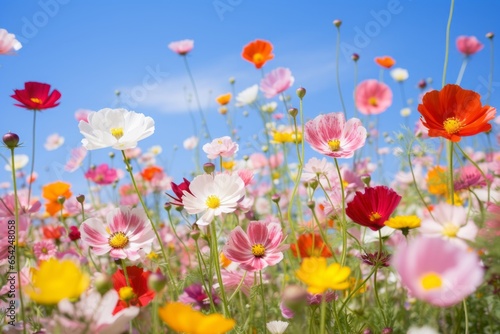 A field of blooming wildflowers in various colors  creating a lively and cheerful backdrop.