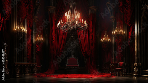 Vampire Dracula castle interior, victorian red furnitures. Halloween concept. Generative AI photo