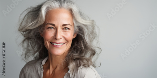 Close up beautiful female with smooth healthy face skin. Gorgeous aging mature woman with long gray hair and happy smiling. Beauty and cosmetics skincare advertising concept photo