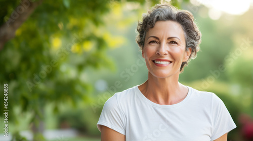 Close up of a 50s middle age woman smiling and wearing a white t-shirt on a outdoor background