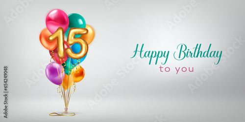 Photography Festive birthday illustration with a bunch of colored helium balloons, golden fo