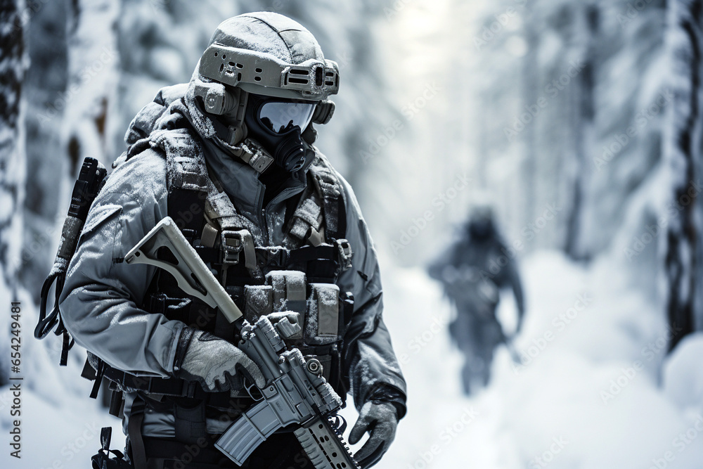 Portrait of a special forces soldier with assault rifle in winter forest - obrazy, fototapety, plakaty 