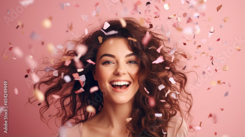 Fun party girl, smiling woman throwing confetti on a pastel pink background. Party time concept.