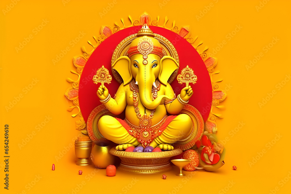 Idol of Lord Ganesha on yellow background. Happy Ganesha festival. Statue of an Indian god with the head of an elephant with one tusk
