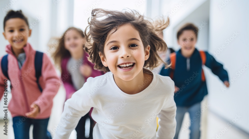 Happy diverse school kids running in corridor at school Happy diverse school kids running in corridor at school