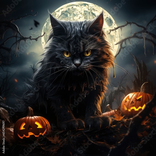 Black cat on the background of Halloween evening. Holiday atmosphere.