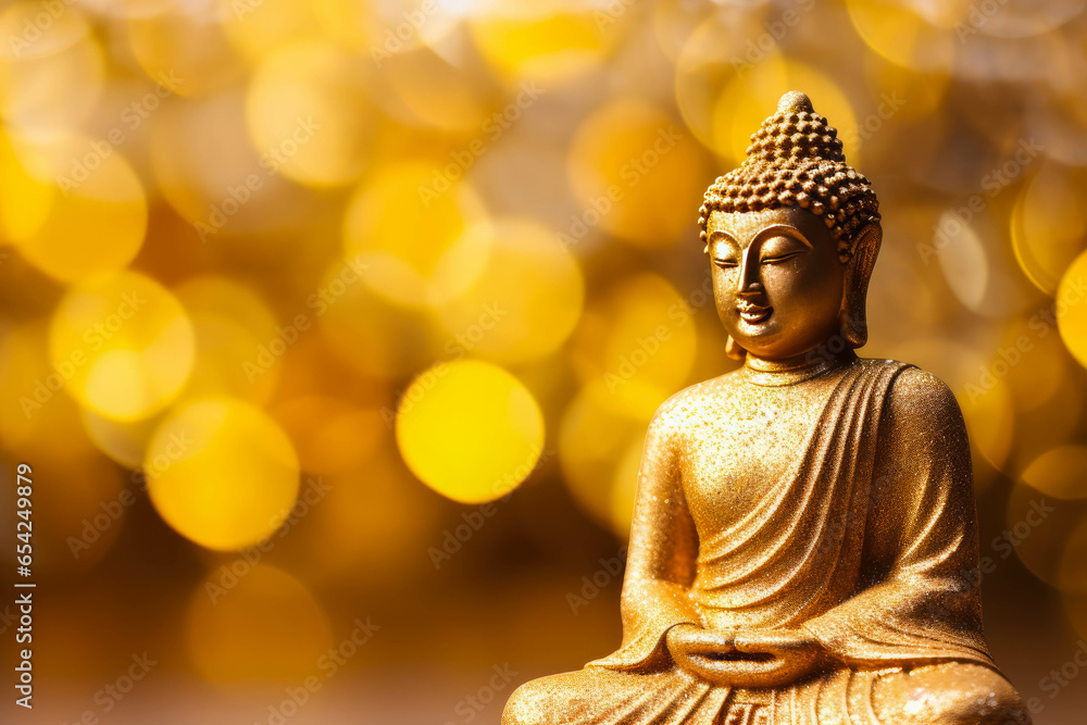 Buddha statue on a golden bokeh background. Meditation in lotus position. Spiritual zen God religion. Buddha statue on a golden bokeh background. Meditation in lotus position. Spiritual zen God religion.