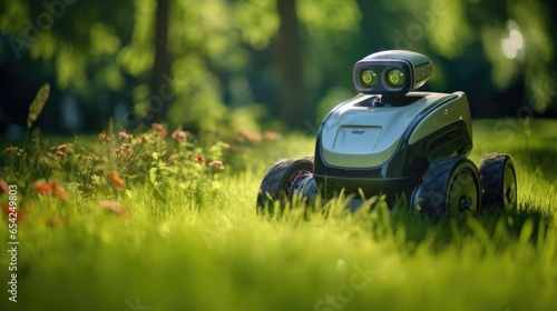 A robot lawnmower cuts grass in garden