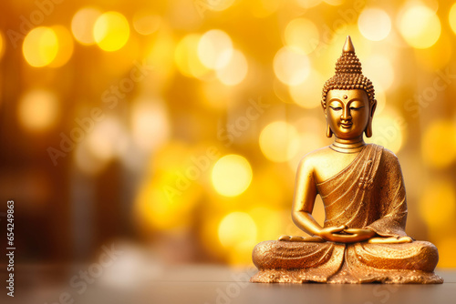 Buddha statue on a golden bokeh background. Meditation in lotus position. Spiritual zen God religion.