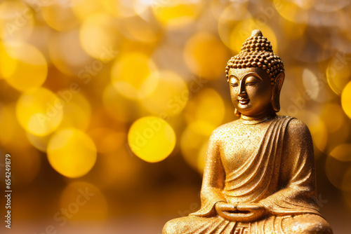 Buddha statue on a golden bokeh background. Meditation in lotus position. Spiritual zen God religion.