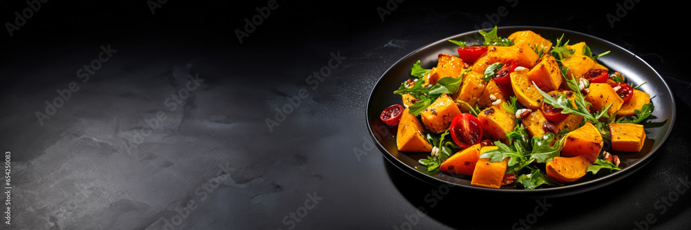 Vibrant roasted pumpkin salad isolated on a warm gradient background Vibrant roasted pumpkin salad isolated on a warm gradient background