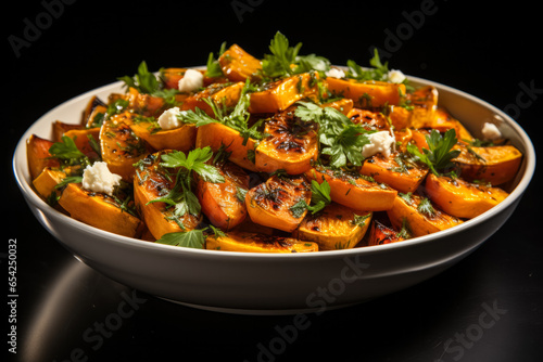 Vibrant roasted pumpkin salad isolated on a warm gradient background 