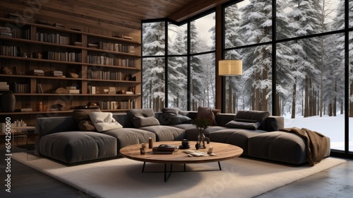 Beautiful living room with wooden walls and winter landscape outside the window