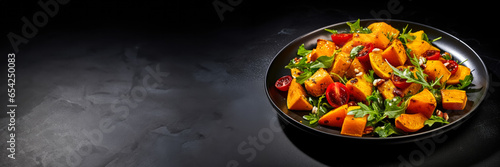Vibrant roasted pumpkin salad isolated on a warm gradient background 