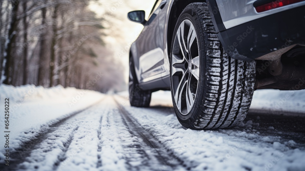 Close-up low angle shot of car tyre on a snowy road in winter Close-up low angle shot of car tyre on a snowy road in winter