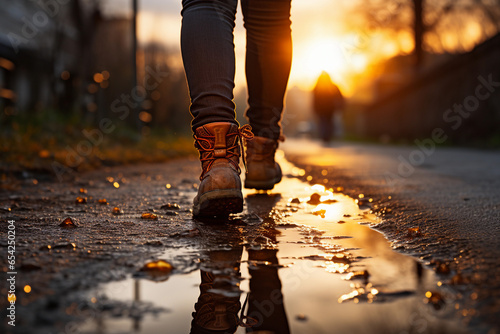A woman walking in a rain puddle on sunset