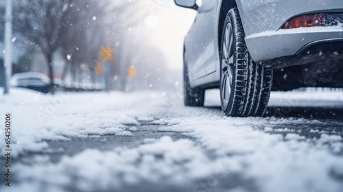 Close-up low angle shot of car tyre on a snowy road in winter