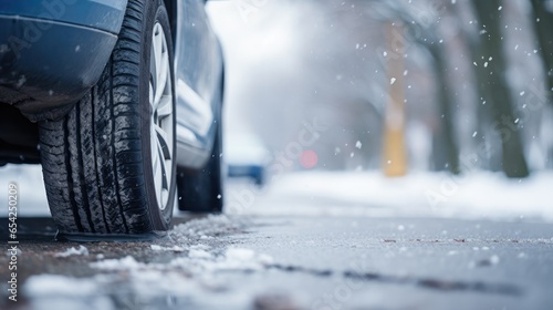 Close-up low angle shot of car tyre on a snowy road in winter