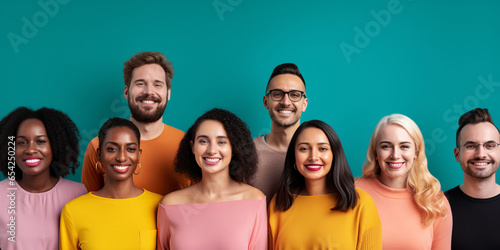 Portraits of happy multiethnic people smiling and looking at camera. on color background