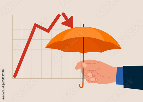 Hand investor holding umbrella ready for downturn arrow graph. Protect from stock market crash. Flat vector illustration