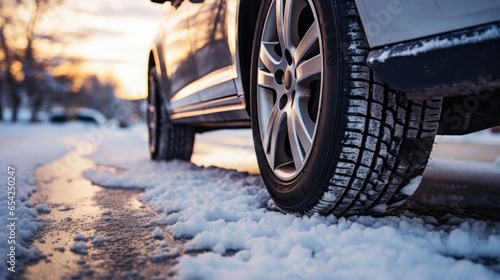 Close-up low angle shot of car tyre on a snowy road in winter © Fly Frames