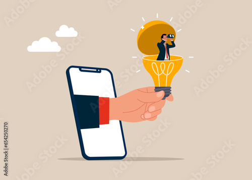 Big hand with phone holds entrepreneur open lightbulb idea using binoculars to see opportunity, idea, curiosity. Flat vector illustration