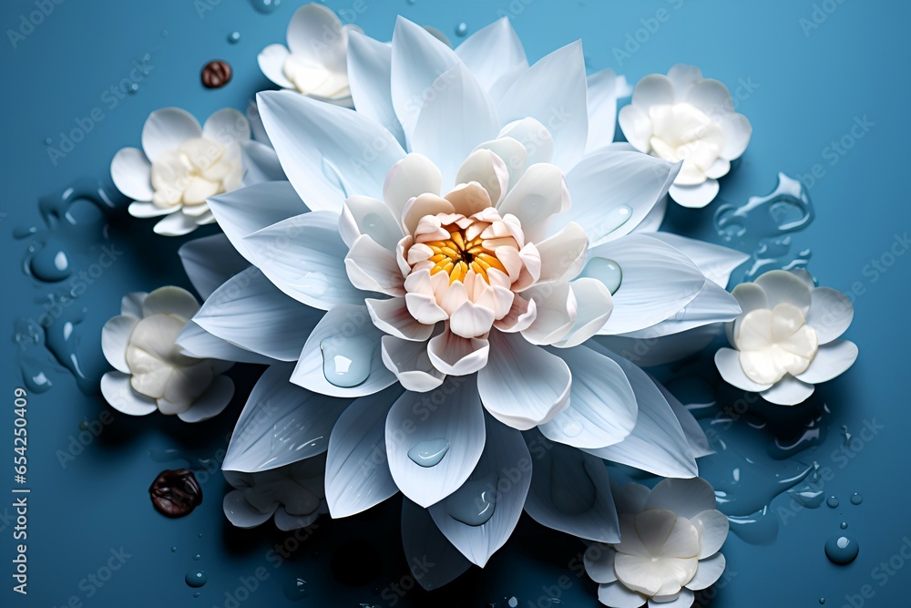 White lotus with yellow pollen on a blue background. Delicate water lily flower, top view - obrazy, fototapety, plakaty 