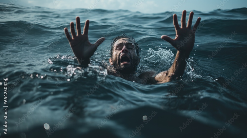 Drowning man in sea asking for help with raised arms Stock Photo ...