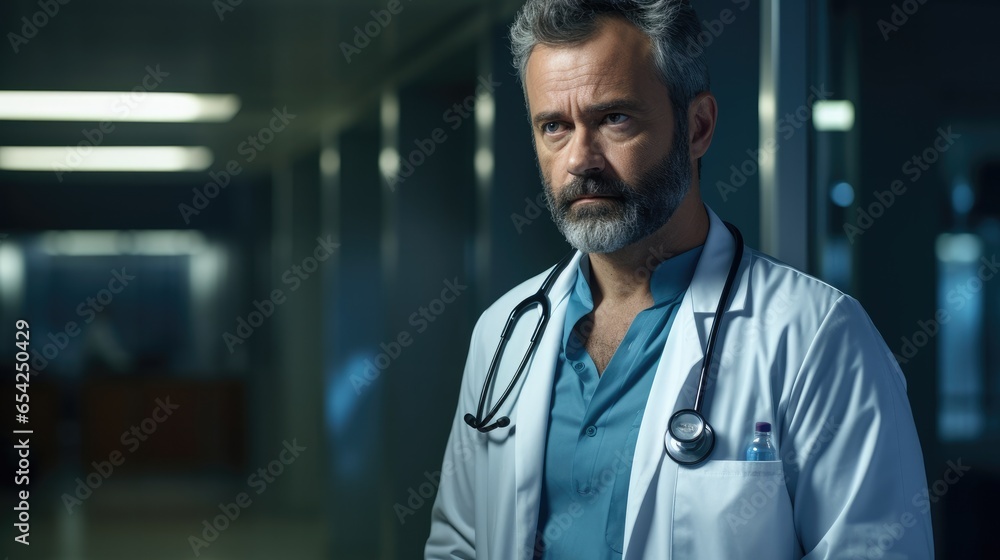 Portrait of male doctor wearing white coat with stethoscope in hospital Portrait of male doctor wearing white coat with stethoscope in hospital
