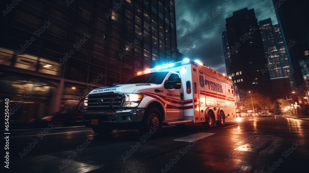 Emergency ambulance speeds through modern city Emergency ambulance speeds through modern city