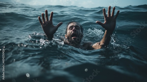 Drowning man in sea asking for help with raised arms photo