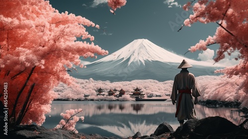 samurai standing in front of mount fuji, infrared style, 16:9, copy space