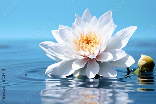 White lotus with yellow pollen on the surface of a pond. Delicate water lily flower