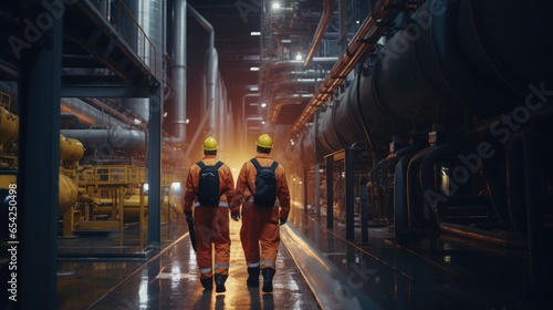Factory workers in safety equipment walking by gas pipes and checking distribution and consumption