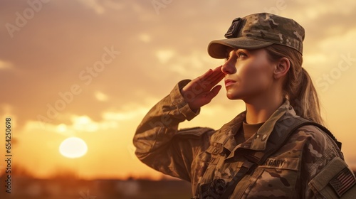 Army Solider Saluting against sunset sky