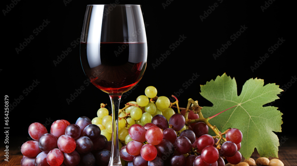 Glass of red wine displayed beside its raw material, clusters of ripe grapes.