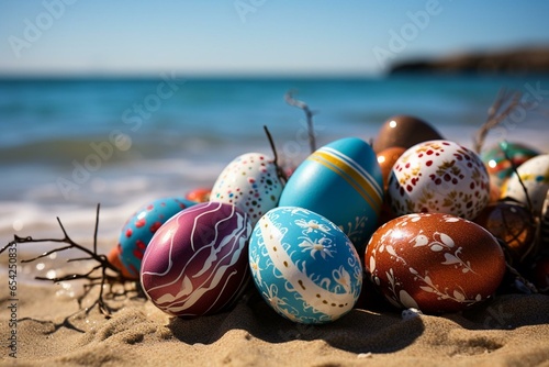 Decorated eggs laying on a shoreline. Symbolizing festive celebrations. Generative AI