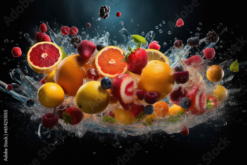 Water splashing on fresh and juicy fruits.