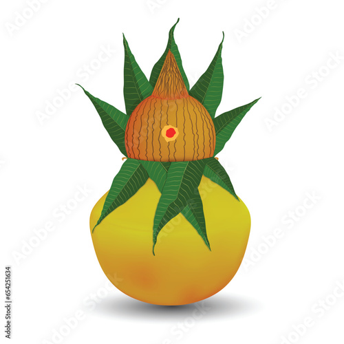 Copper kalash with coconut and mango leaves. Vector illustration.