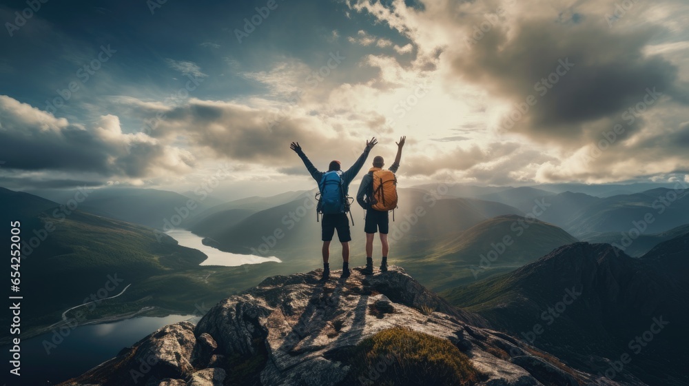 Happy two hikers with raised arms on top of the mountain - obrazy, fototapety, plakaty 