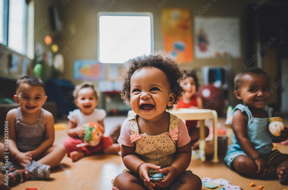 multicultural daycare center with African American toddler babies. Group of workers with babies in nursery or kindergarten playful. - obrazy, fototapety, plakaty 