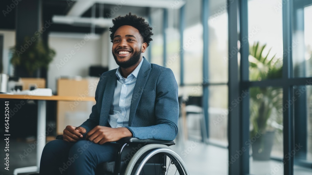 Happy young man with disability sitting in wheelchair in office - obrazy, fototapety, plakaty 